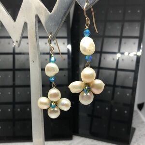 Artisan 14k GF genuine cultured pearl and crystals statement earrings dangle